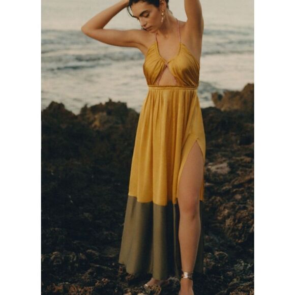 Anthropologie Silk Colorblocked Maxi Dress Gold Size 0 Nwot - Picture 1 of 12